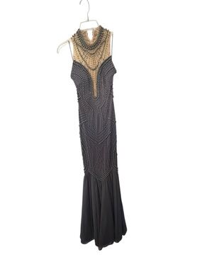 Beaded Gray and Nude Illusion Neck Evening Gown/Prom Dress